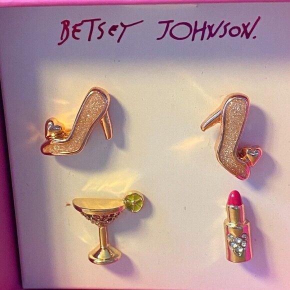 Betsey Johnson High Heels Lipstick Martini Stud Earring Set Crystal Accents NEW - Picture 2 of 9